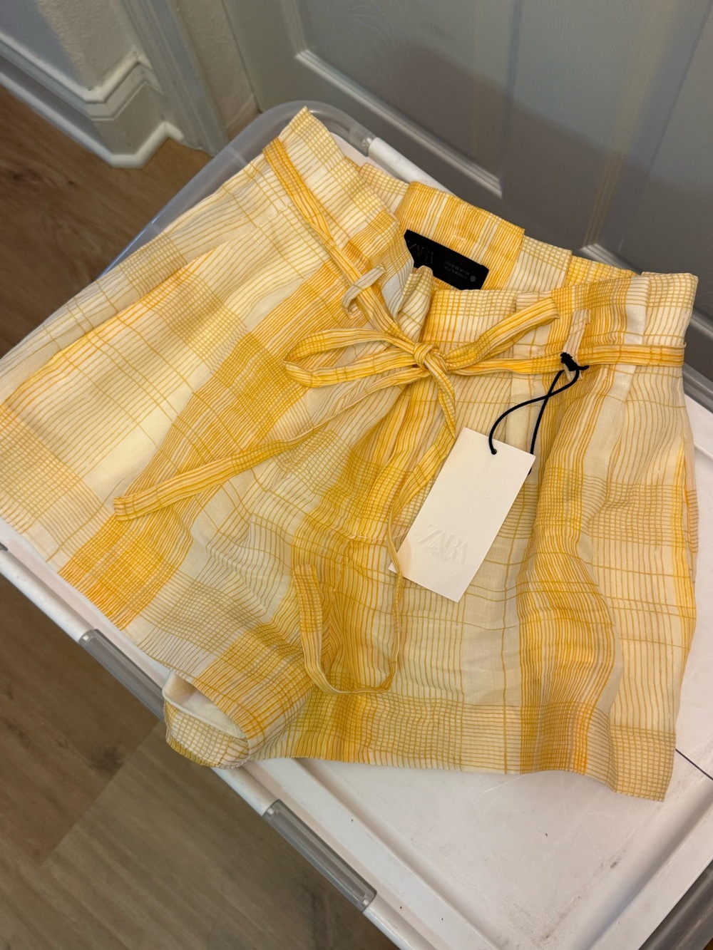 ZARA Yellow Plaid High-Waist Tie-Front Women’s Shorts